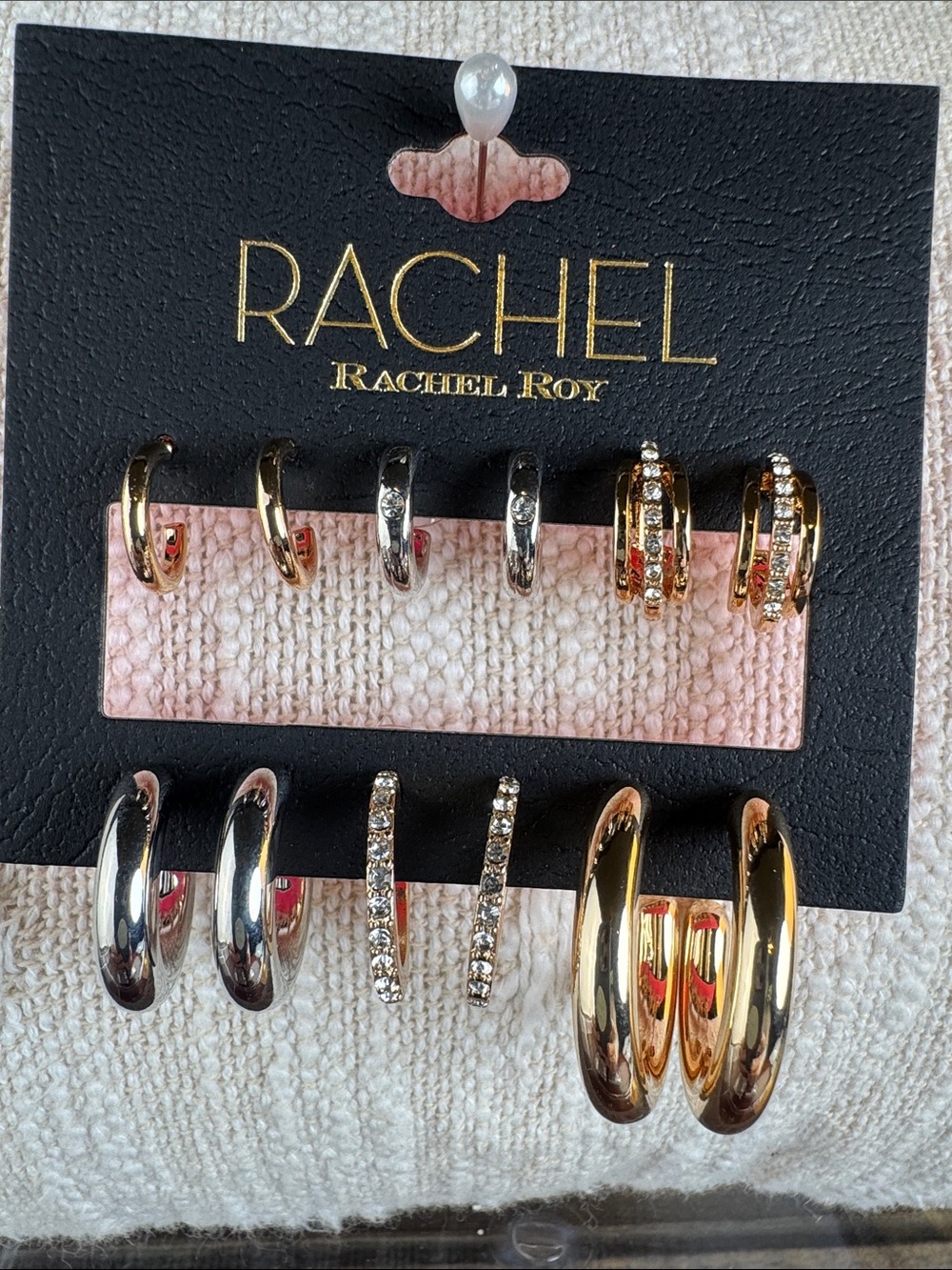 0558-RACHEL Rachel Roy Silver tone and Gold Earring Set - Pink Card